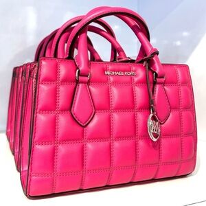 Michael Kors Small Quilted Sheila CZ Satchel Bag Vegan Material Dragonfruit Pink